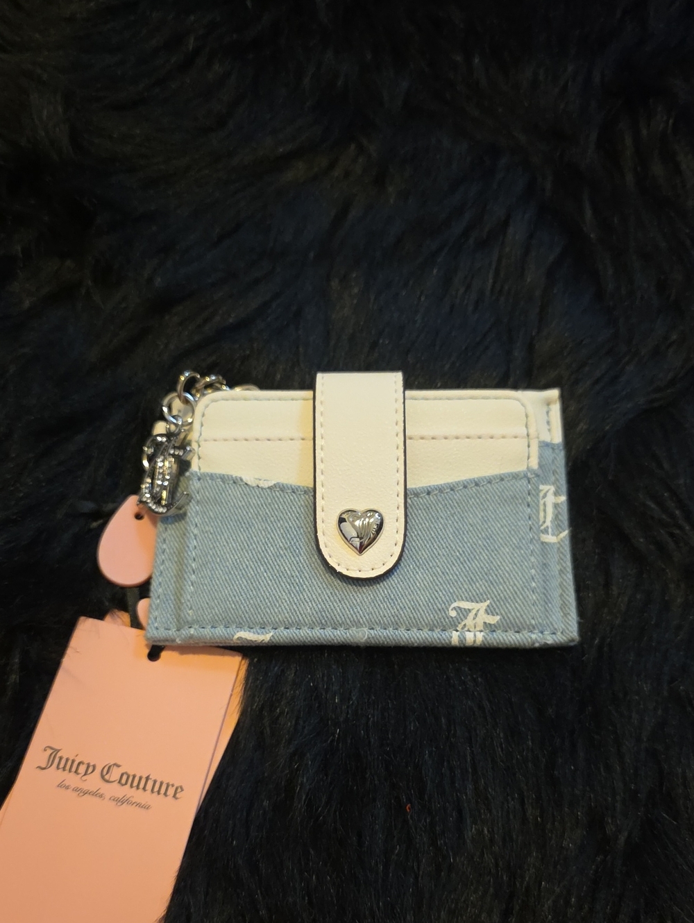 Juicy Couture Light Blue Denim & Cream Card Case with Heart Charm